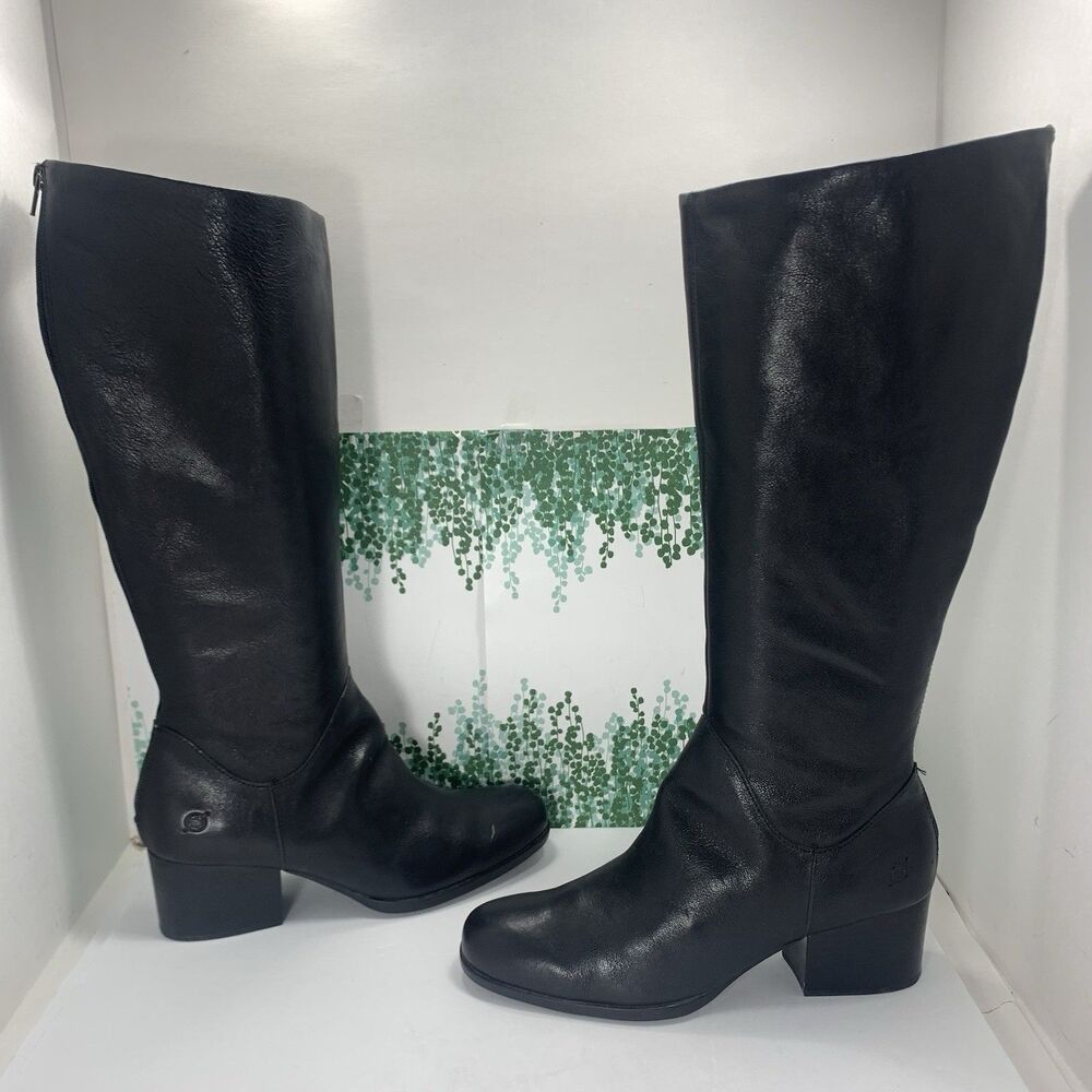 BORN Black Leather Tall Stacked Heel Boots 9.5 Womens - Picture 5 of 16